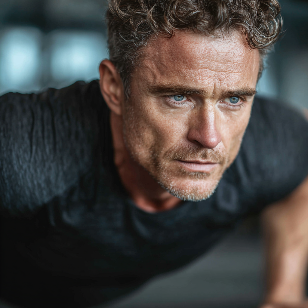 Focused man in his late forties performing bodyweight exercises demonstrating proper form and concentration during functional training session