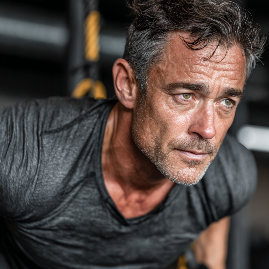 Mature man in his forties performing functional training exercises with focus and determination in a modern gym setting